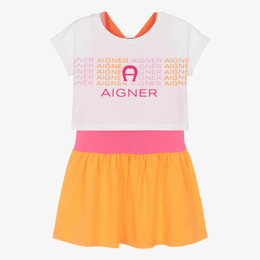 AIGNER-Girls White & Pink Cotton Dress Set | Childrensalon