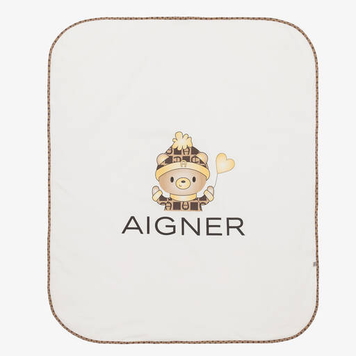 AIGNER- بطانية بيبي بطبعة دب قطن بيما لون عاجي (90 سم) | Childrensalon