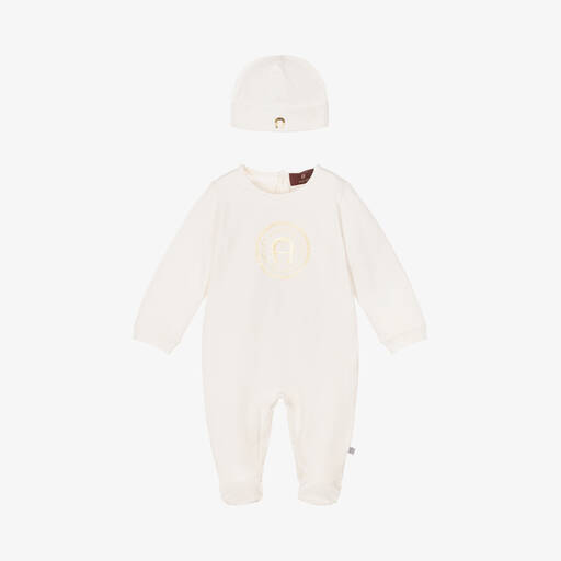 AIGNER-Ivory & Gold Cotton Babysuit Set | Childrensalon