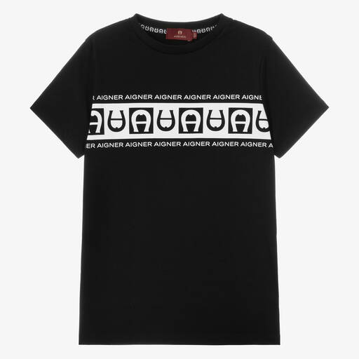 AIGNER-Teen Boys Black Crew Neck Cotton T-Shirt | Childrensalon