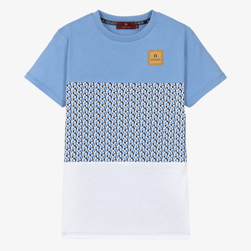 AIGNER-T-shirt bleu et blanc en coton ado | Childrensalon