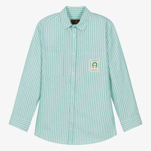 AIGNER-Teen Boys Green Striped Cotton Shirt | Childrensalon
