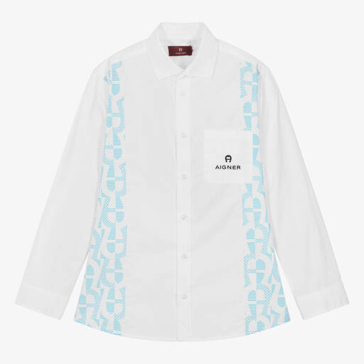 AIGNER-قميص قطن بوبلين لون أبيض وأزرق للمراهقين | Childrensalon