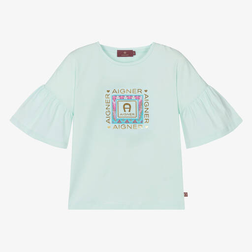 AIGNER-Teen Girls Blue Cotton Frill Sleeve T-Shirt | Childrensalon