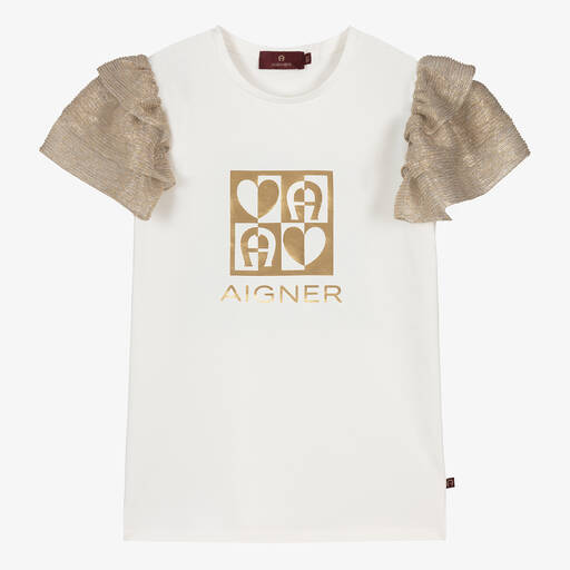 AIGNER-Teen Girls Ivory & Gold Plissé T-Shirt | Childrensalon