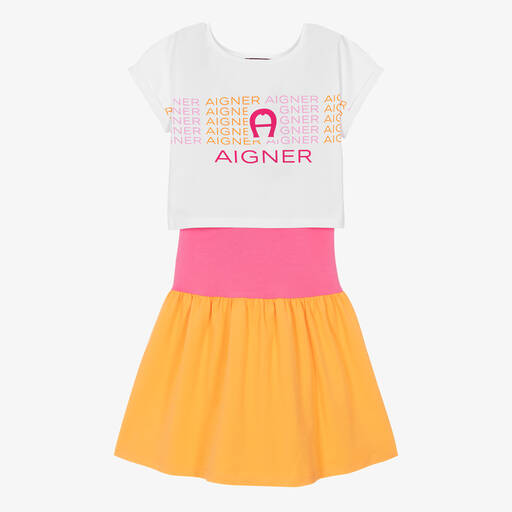 AIGNER-Teen Girls White & Pink Cotton Dress Set | Childrensalon