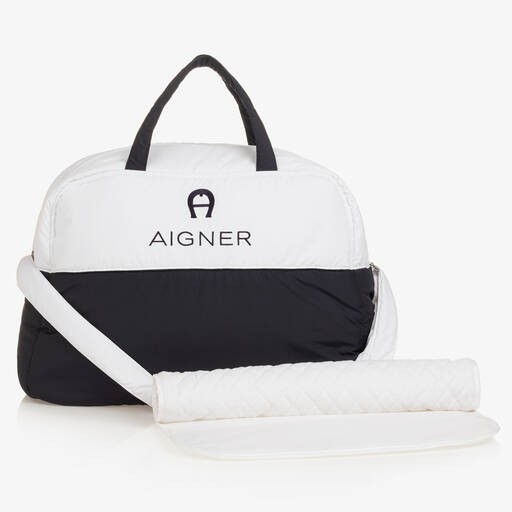 AIGNER-White & Navy Blue Baby Changing Bag (43cm) | Childrensalon