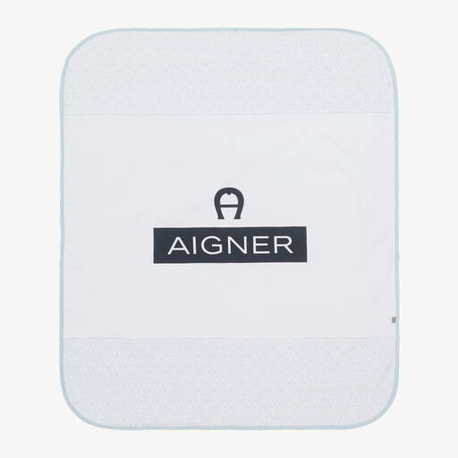 AIGNER-White & Pale Blue Cotton Baby Blanket (90cm) | Childrensalon