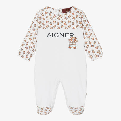 AIGNER-White Pima Cotton Teddy Bear Babygrow | Childrensalon