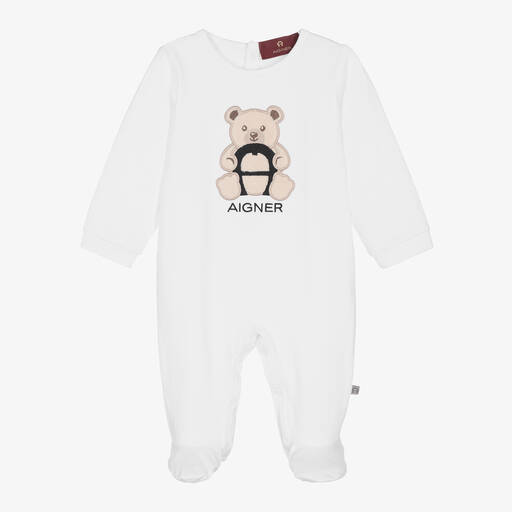 AIGNER-White Teddy Bear Logo Pima Cotton Babygrow | Childrensalon