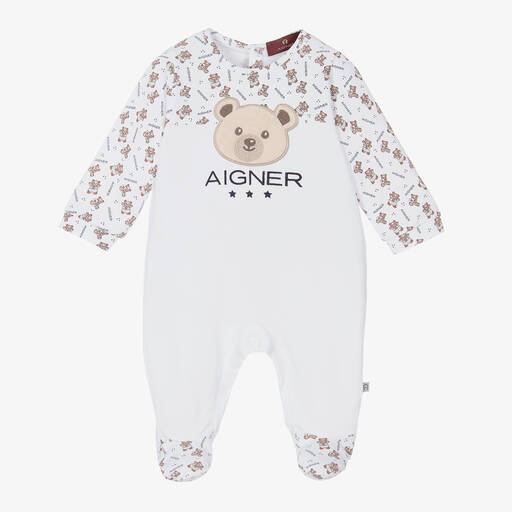 AIGNER-White Teddy Bear Print Pima Cotton Babygrow | Childrensalon