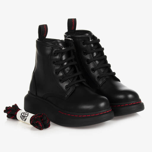 Alexander McQueen-Black Leather Lace-Up Boots | Childrensalon