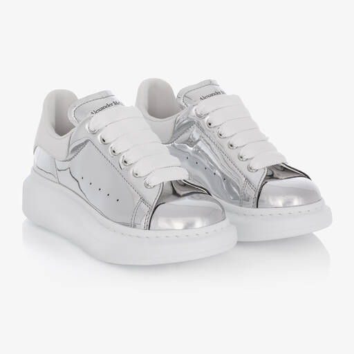 Alexander McQueen-Girls Silver Leather Lace-Up Trainers | Childrensalon