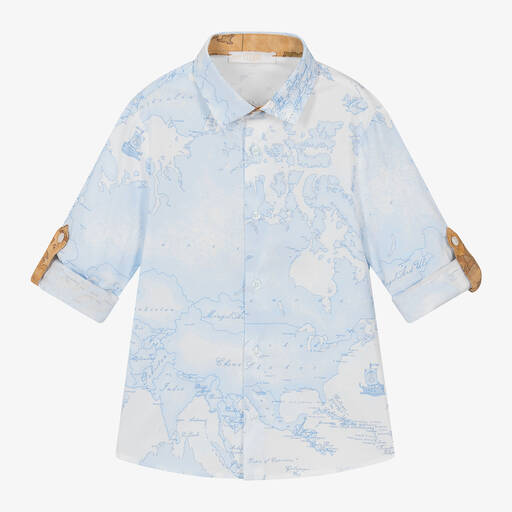 Alviero Martini-Boys Blue & White Cotton Geo Map Shirt | Childrensalon