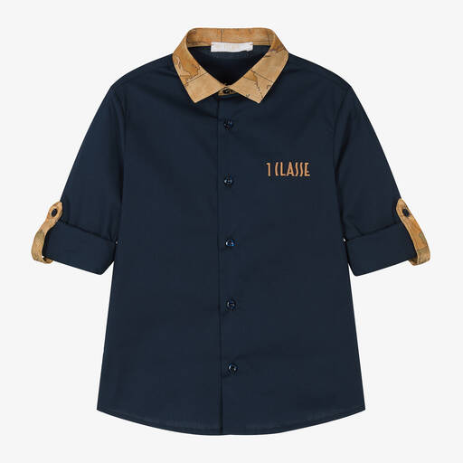 Alviero Martini-Boys Navy Blue Cotton Geo Shirt | Childrensalon