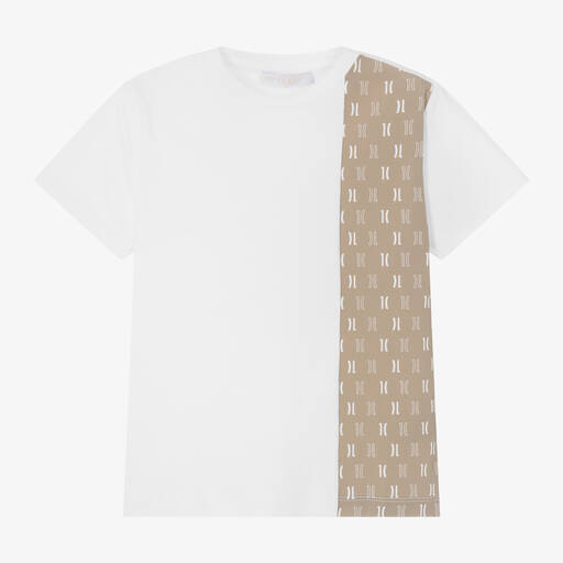 Alviero Martini-Boys White & Beige Monogram Cotton T-Shirt | Childrensalon