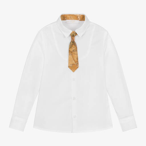 Alviero Martini-Boys White Cotton Shirt & Geo Map Tie  | Childrensalon