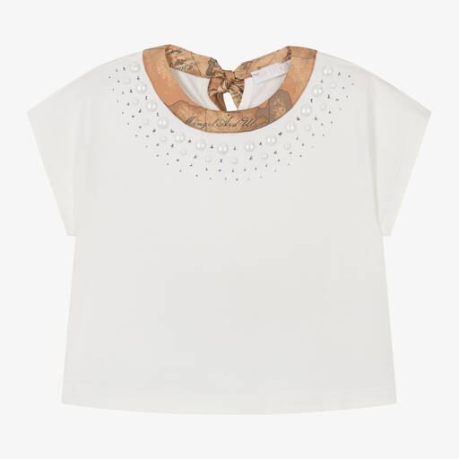 Alviero Martini-Girls Ivory Embellished Geo Map Cotton T-Shirt | Childrensalon