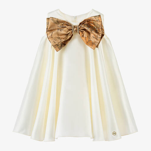 Alviero Martini-Girls Ivory Satin & Geo Map Bow Dress | Childrensalon