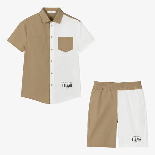 Alviero Martini-Бело-бежевая рубашка и шорты из хлопка для мальчиков-подростков | Childrensalon