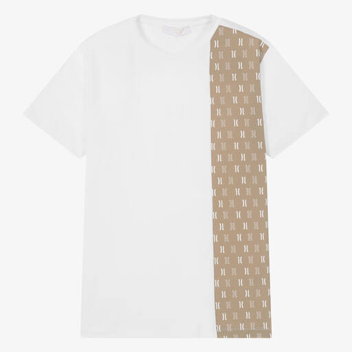 Alviero Martini-Teen Boys White & Beige Monogram Cotton T-Shirt | Childrensalon