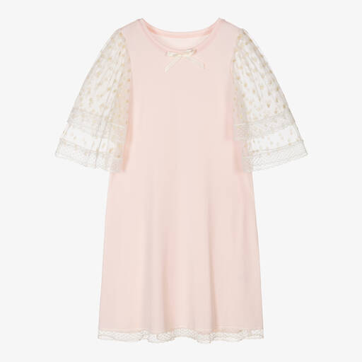 AMIKI Children-Розовая ночная рубашка из модала и джерси с кружевом | Childrensalon