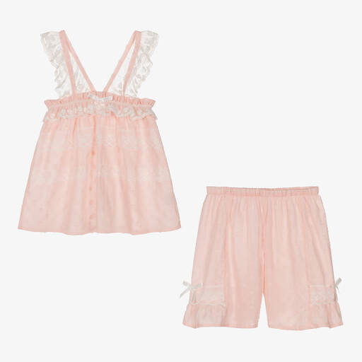 AMIKI Children-Teen Girls Pink Cotton & Lace Short Pyjamas | Childrensalon