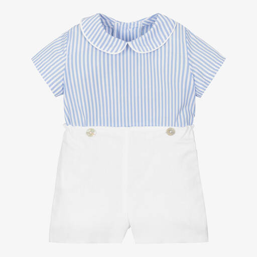 Ancar-Baby Boys Blue & White Linen Buster Suit | Childrensalon