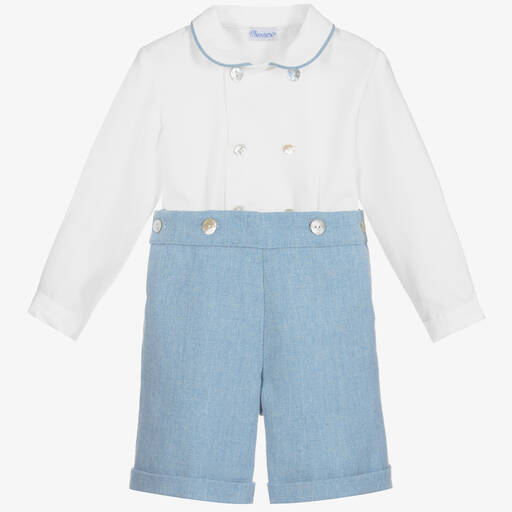 Ancar-Boys Blue & White Cotton Buster Suit | Childrensalon