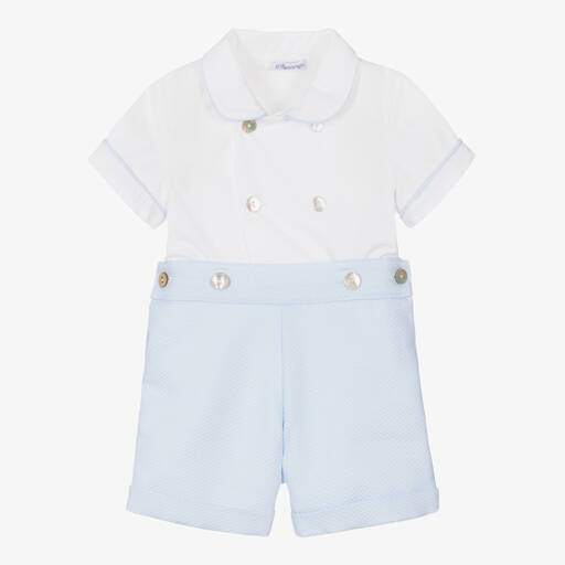 Ancar-Boys Blue & White Cotton Buster Suit | Childrensalon