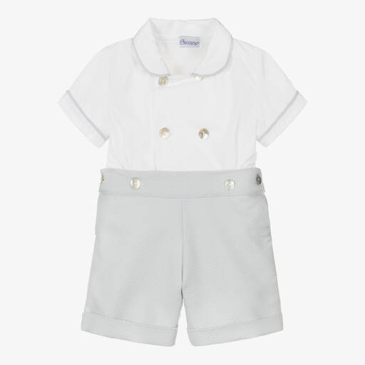 Ancar-Boys Grey & White Cotton Buster Suit | Childrensalon