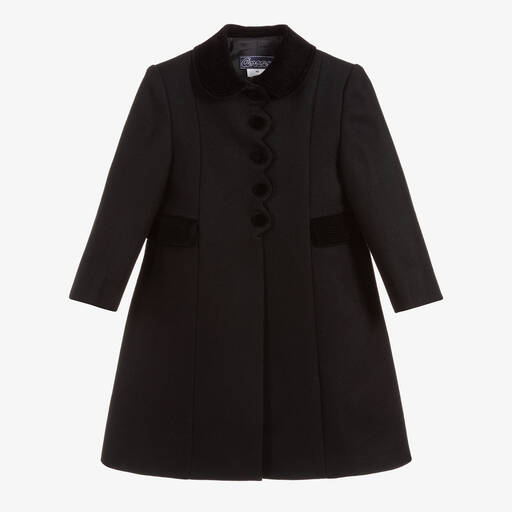 Ancar-Girls Black Wool & Velvet Coat | Childrensalon