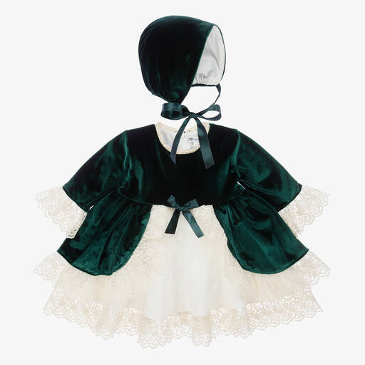 Andreeatex-Girls Green Velvet Dress & Hat Set | Childrensalon
