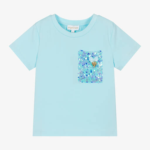 Angel's Face-Girls Blue Cotton Sequin T-Shirt | Childrensalon