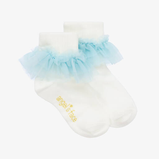 Angel's Face-Girls Ivory & Blue Ruffle Ankle Socks | Childrensalon