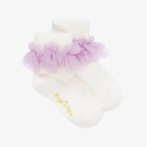 Angel's Face-Girls Ivory & Purple Ruffle Ankle Socks | Childrensalon