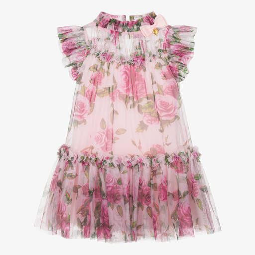 Angel's Face-Girls Pink & Green Floral Tulle Dress | Childrensalon