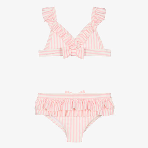 Angel's Face-Girls Pink & White Stripe Frilled Bikini (UPF50+) | Childrensalon