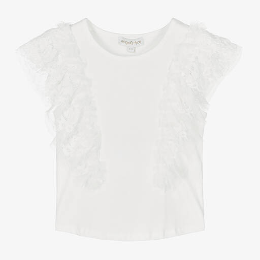 Angel's Face-Girls White Lace & Tulle Sleeve T-Shirt | Childrensalon