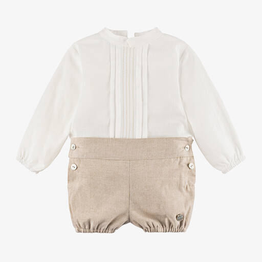Artesanía Granlei-Baby Boys Beige Cotton Shorts Set | Childrensalon