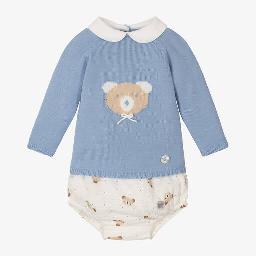 Artesanía Granlei-Baby Boys Blue Teddy Bear Knit Shorts Set | Childrensalon