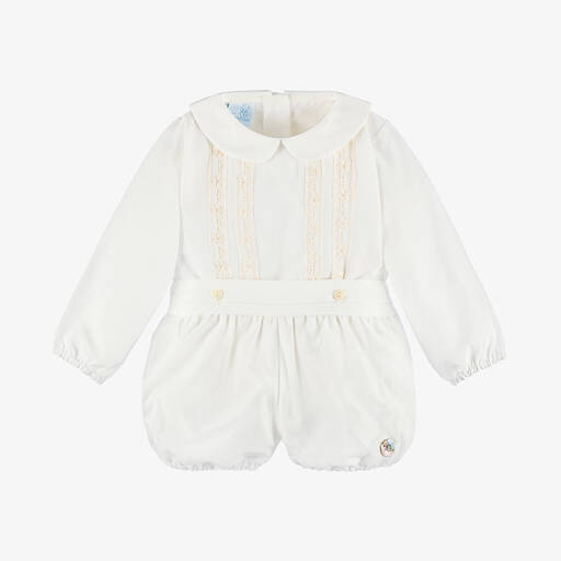 Artesanía Granlei-Baby Boys Ivory Cotton & Tulle Buster Suit | Childrensalon