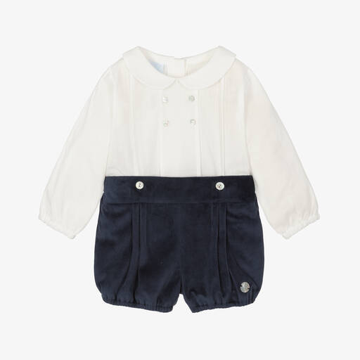 Artesanía Granlei-Baby Boys Navy Blue Velvet Buster Suit | Childrensalon