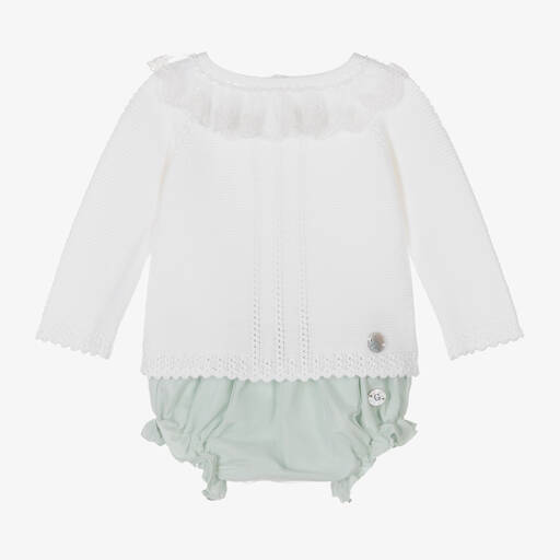 Artesanía Granlei-Baby Girls Ivory & Green Shorts Set | Childrensalon