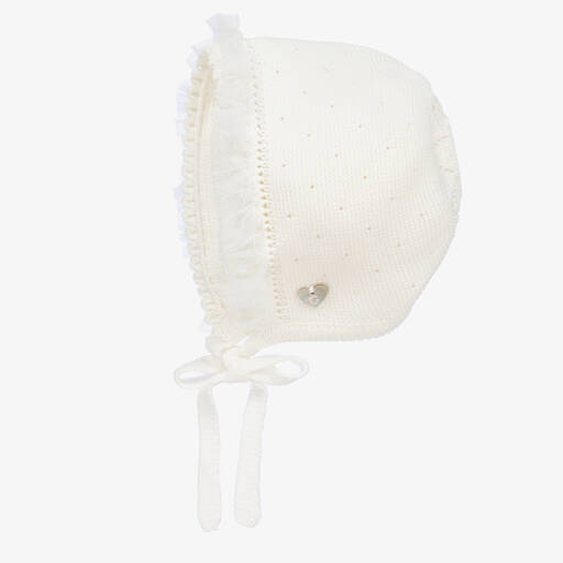 Artesanía Granlei-Кремовый вязаный чепчик с отделкой из тюля для малышек | Childrensalon