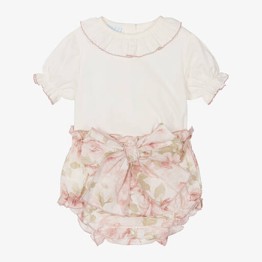 Artesanía Granlei-Baby Girls Ivory & Pink Floral Shorts Set | Childrensalon
