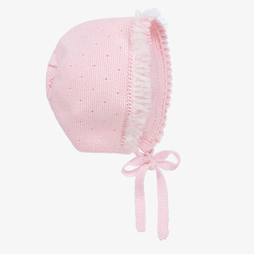 Artesanía Granlei-Baby Girls Pink Knit & Tulle Trim Bonnet | Childrensalon