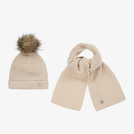 Artesanía Granlei-Beige Knitted Hat & Scarf Set | Childrensalon