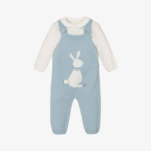 Artesanía Granlei-Blue Knitted Bunny Dungaree Set | Childrensalon