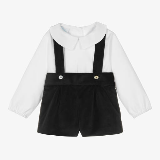 Artesanía Granlei-Boys Black Cotton Velvet Shorts Set | Childrensalon